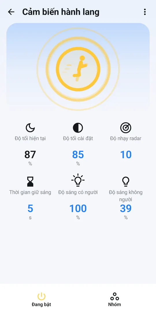 Sensor page when someone is there, with a yellow ring