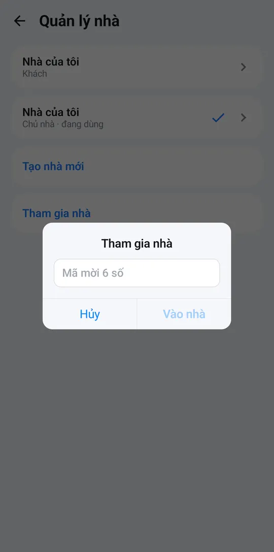 Join a home dialog with the 6-digit code field