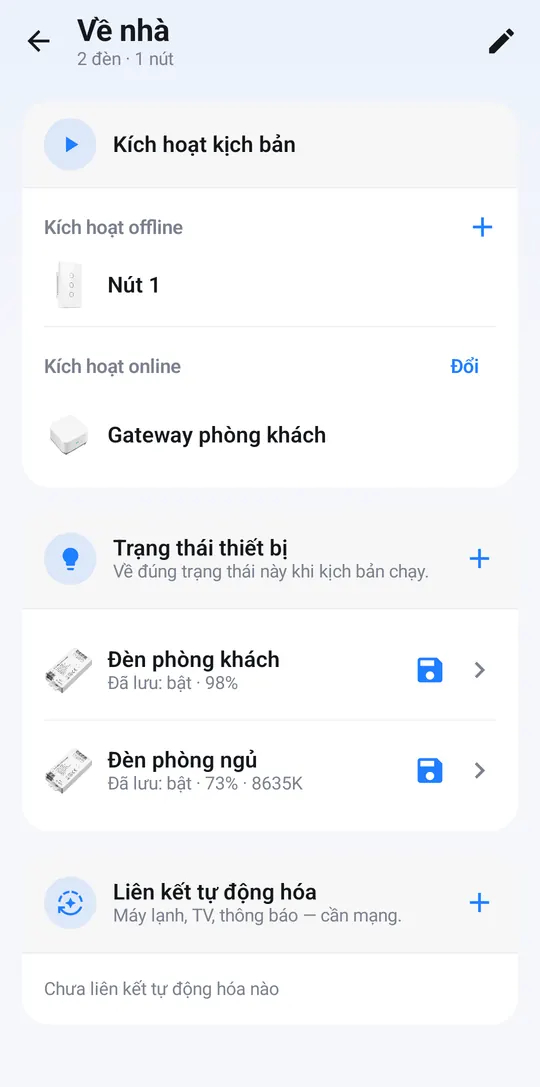 Scene page with a wall button, the smart hub and two lights