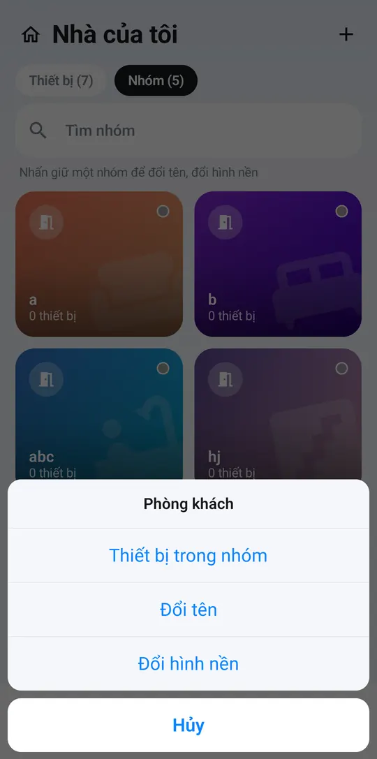 Press and hold a group card: devices in group, rename, change background