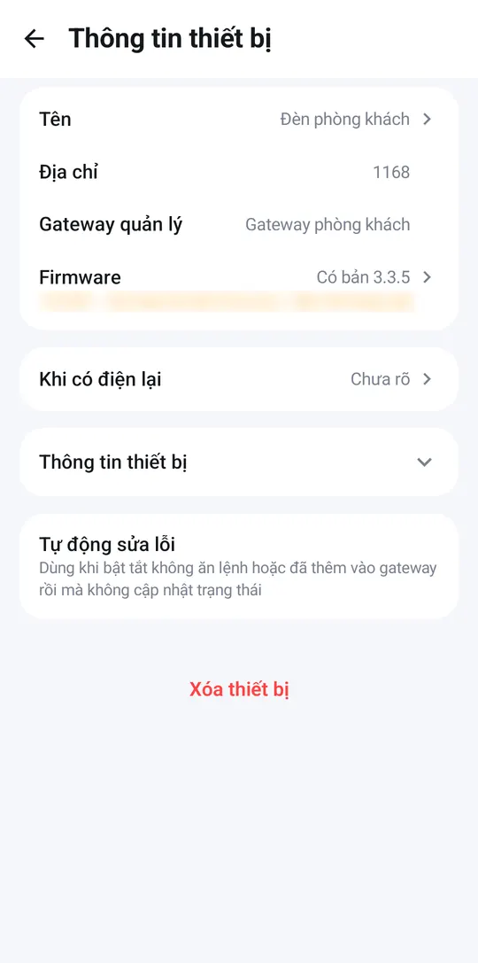 Device info page: name, managing hub, auto-repair, delete device