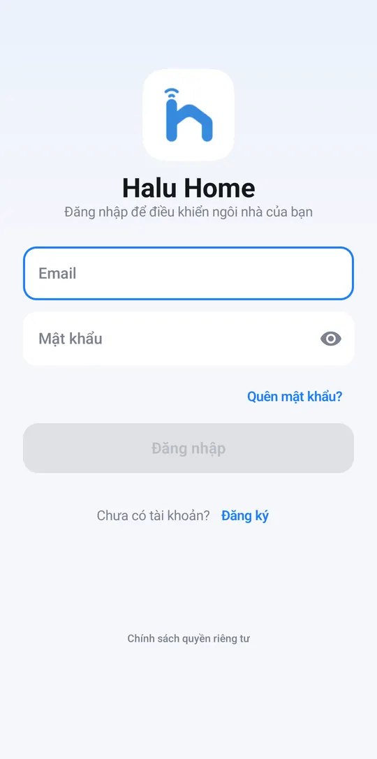 Halu Home sign-in screen with Email and Password fields and a Sign up link