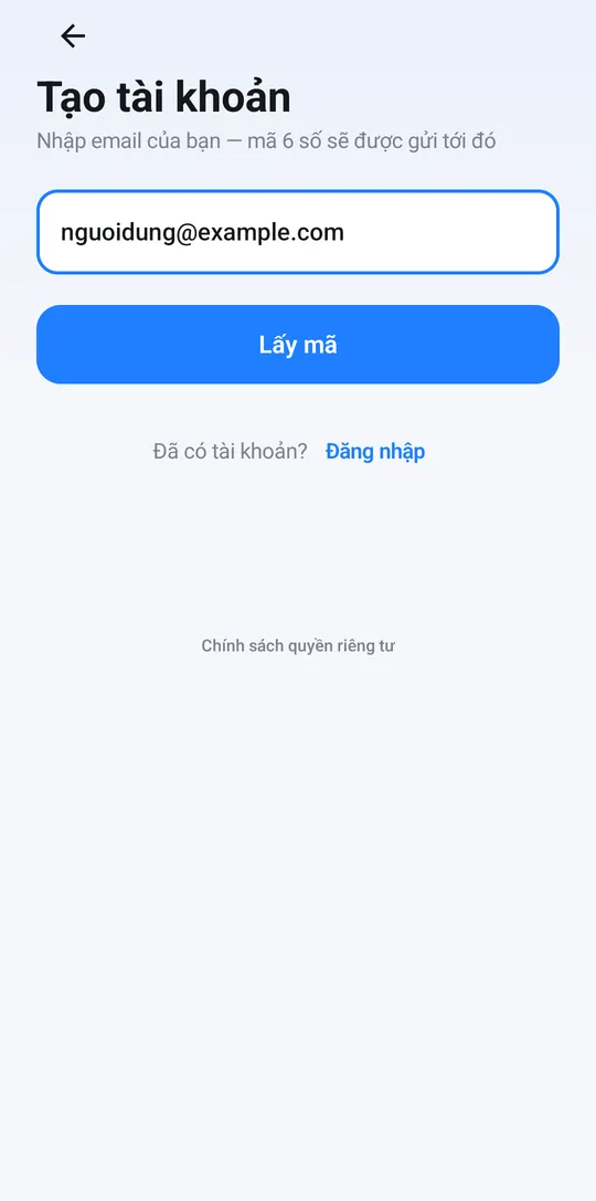 Create account screen: enter your email, tap Get code