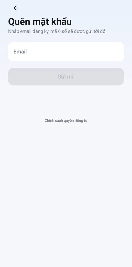 Forgot password screen: enter your email, tap Send code