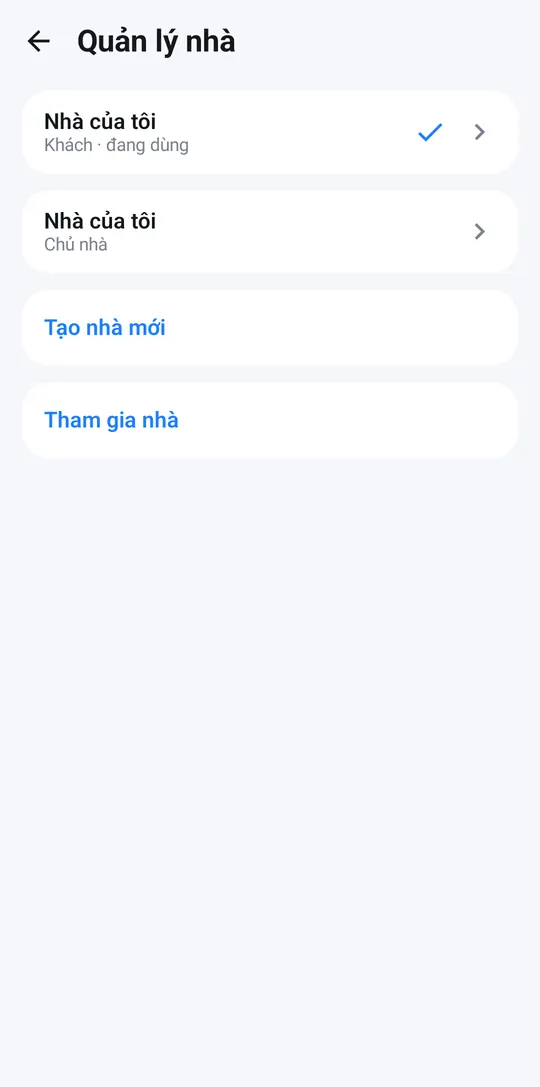 Manage homes screen with the list of homes, Create new home and Join a home
