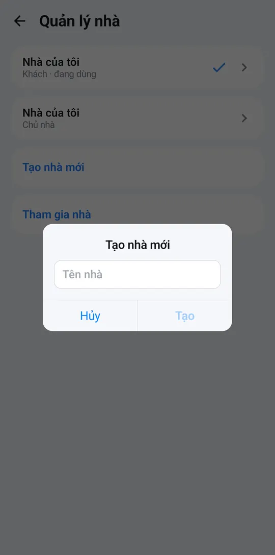 Create new home dialog with the home name field