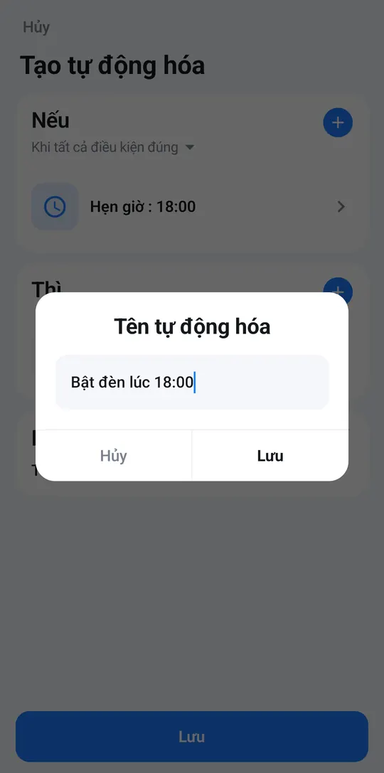 Hộp Tên tự động hóa với tên Bật đèn lúc 18:00