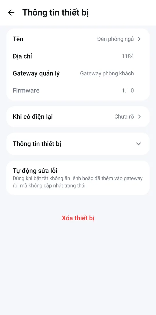 Device info page with Delete device at the bottom
