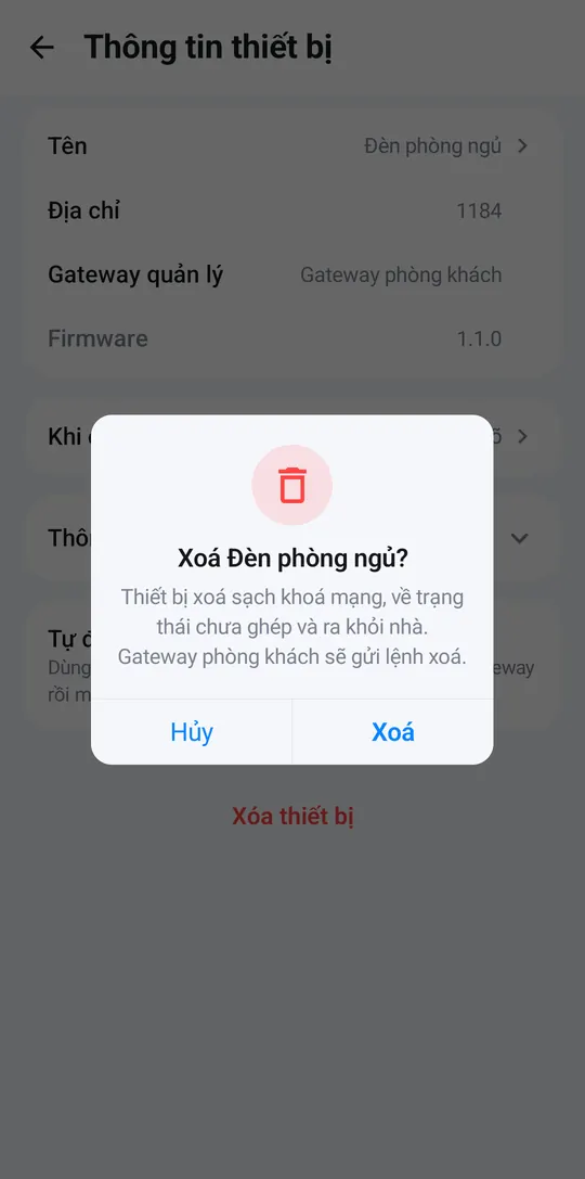 Confirmation dialog for deleting the bedroom light