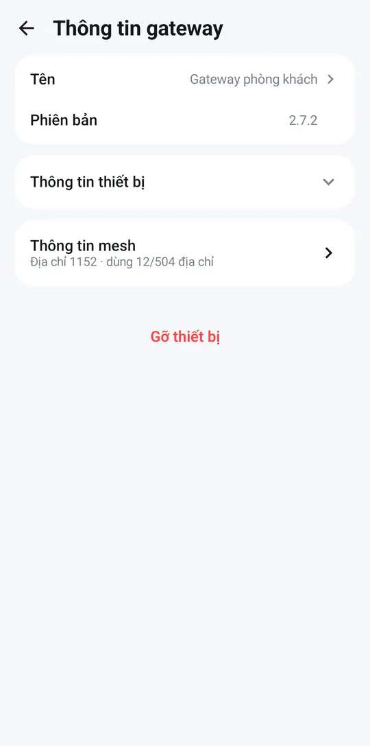 Gateway info page with Remove device
