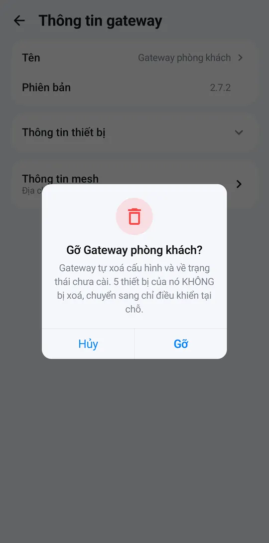 Confirmation dialog for removing the hub — its 5 devices are kept