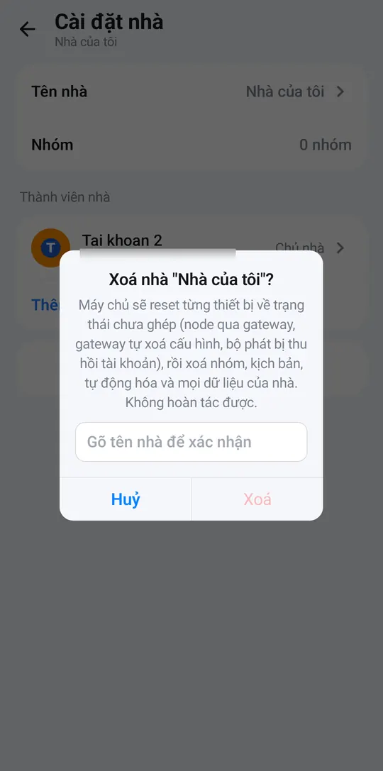 Delete home dialog asking you to type the home’s name