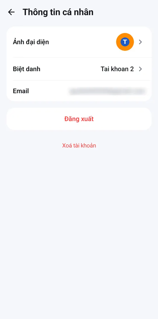Personal info screen with Sign out and Delete account